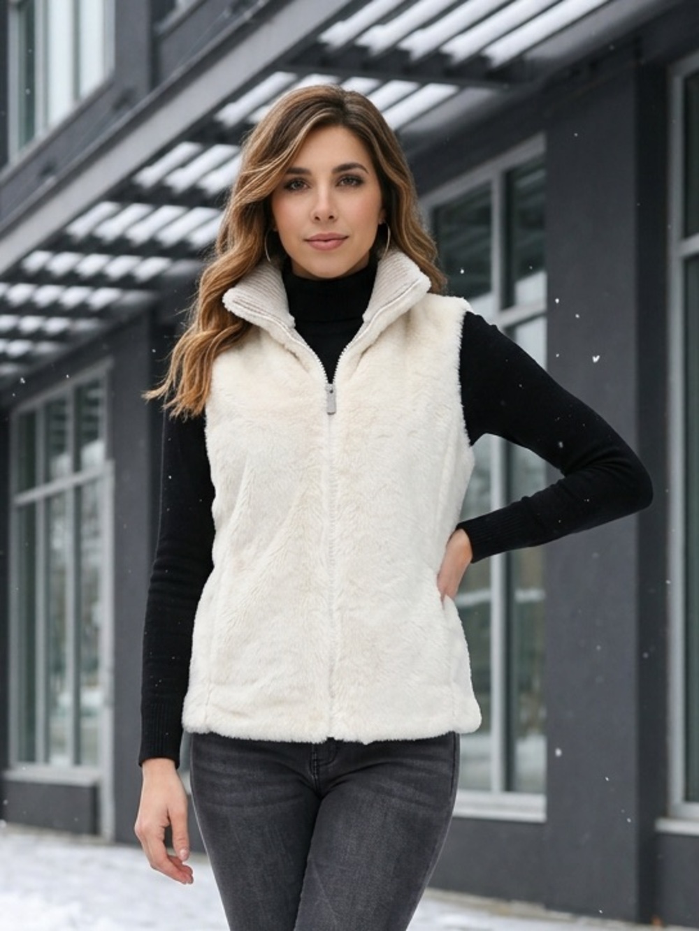 DC Shoe Co. Ivory Cream Plush Faux Fur Reversible Zip Vest - Size L